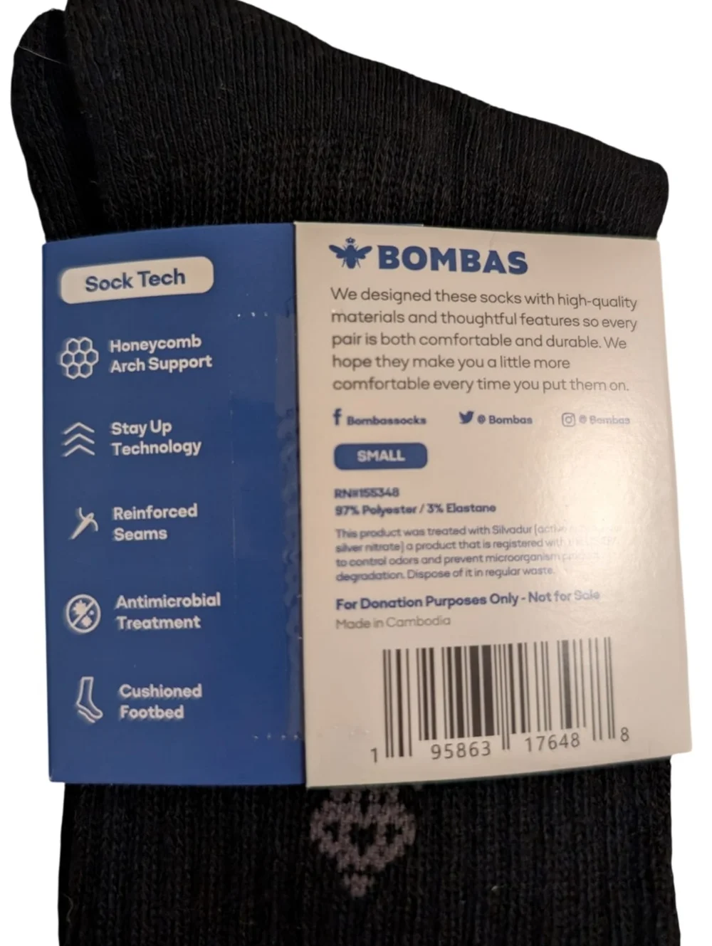 Bombas Black Cushioned One Pair Crew Socks Arch Support Antimicrobial Small NWT